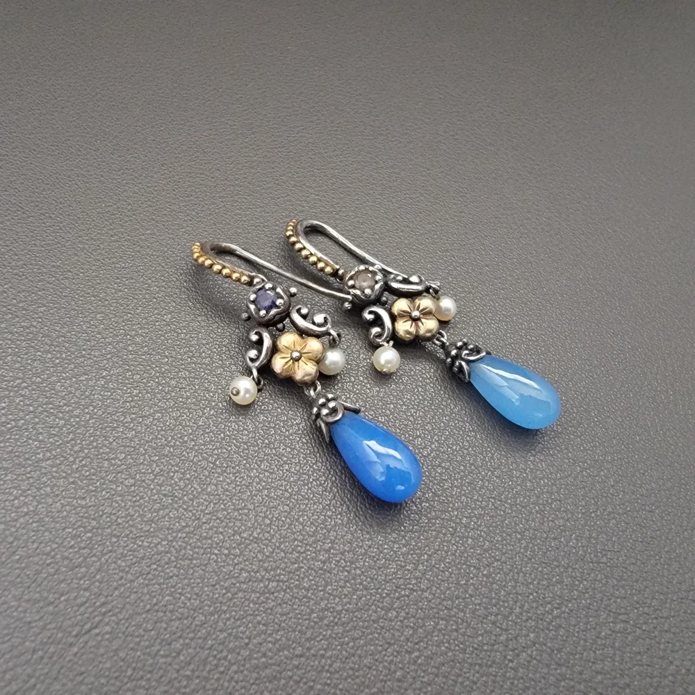 Bixby Sterling Silver & 18K Gold Blue Chalcedony Drop Earrings | Pearl Accent